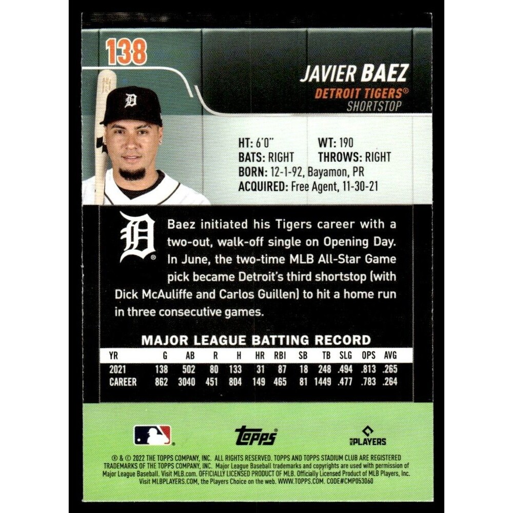 2022 Stadium Club Javier Baez Detroit Tigers #138 - Picture 2 of 2